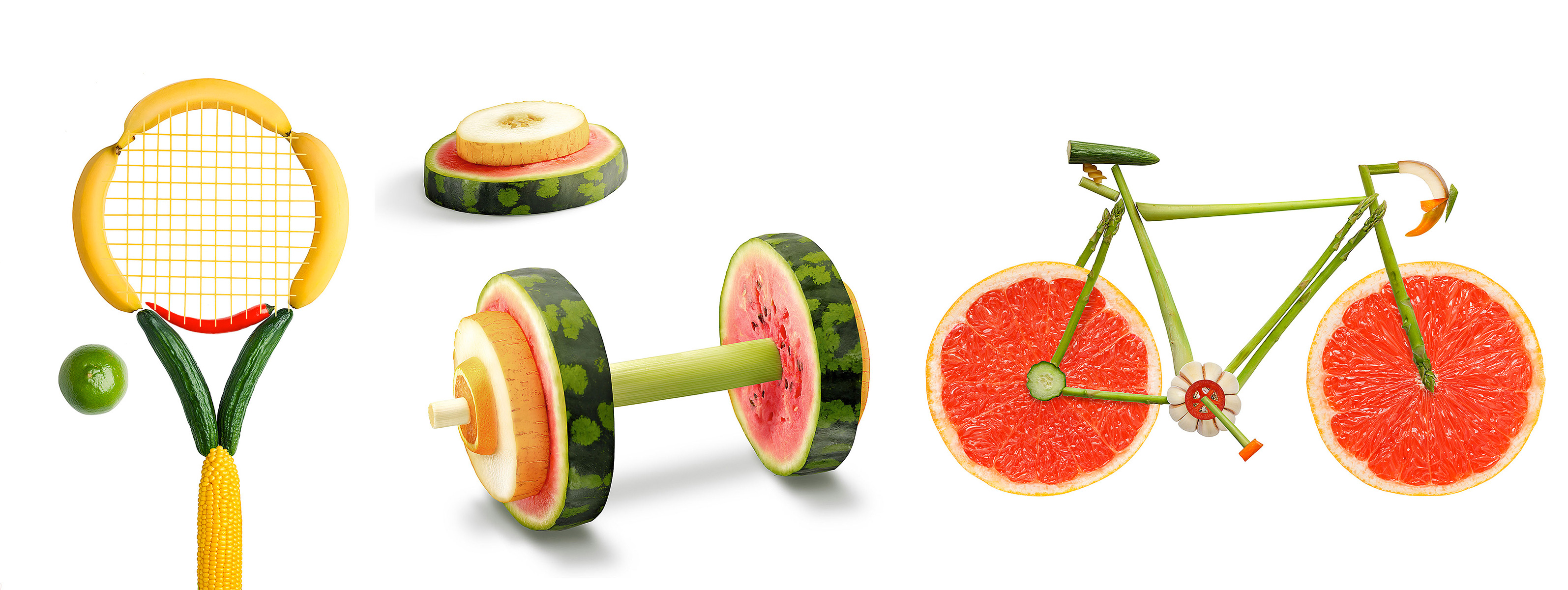 oggetti sportivi ricreati con frutta e verdura