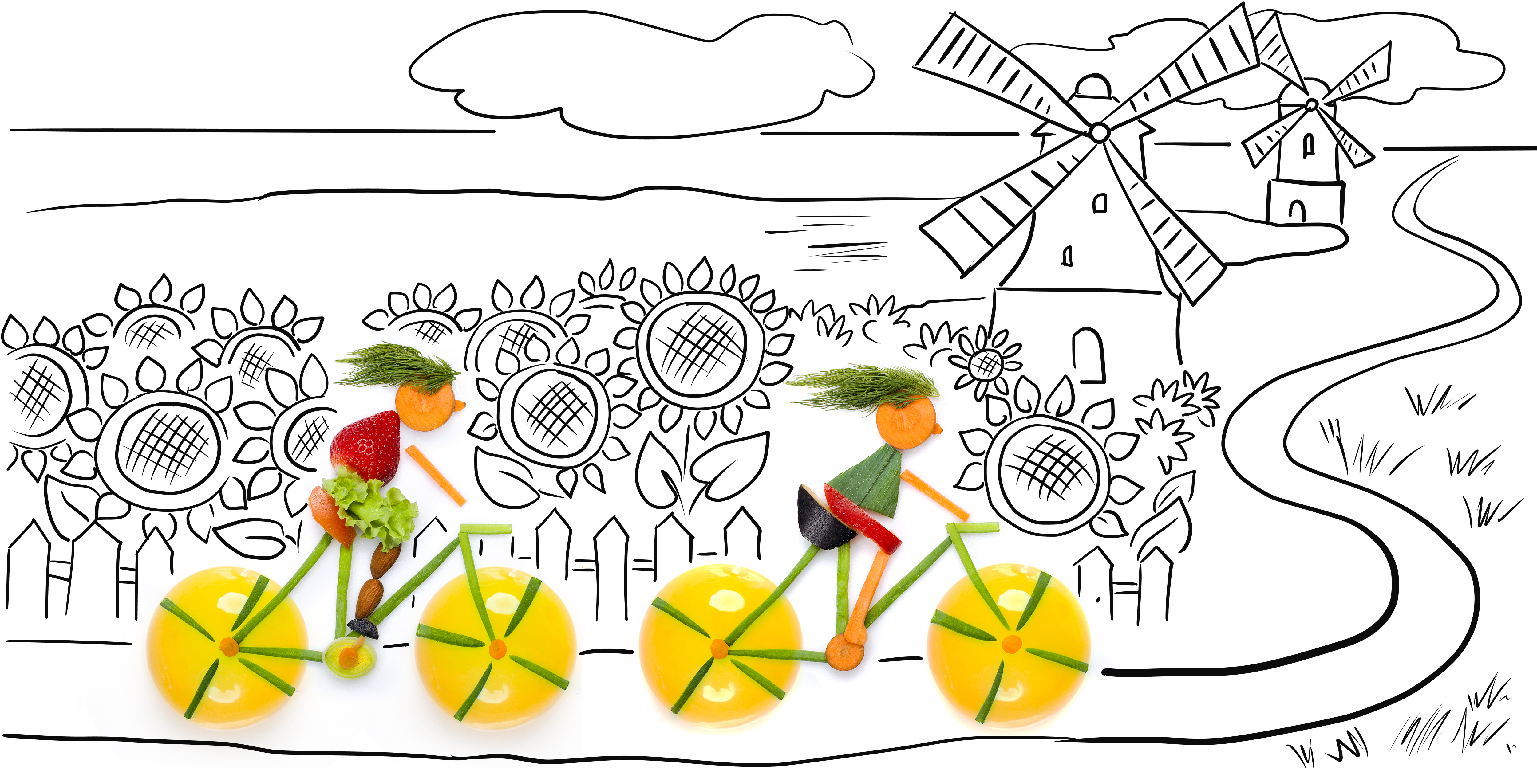 disegno di due figure in bicicletta ricreate con frutta e verdura